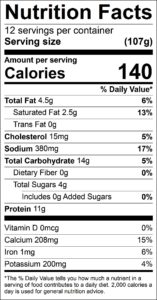 Breakfast Casserole Nutrition Facts Serving size (107g) servings per container 12 Amount per serving Calories 140 % Daily Value Total Fat 4.5 g 6 % Saturated Fat 2.5 g 13 % Trans Fat 0 g Cholesterol 15 mg 5 % Sodium 380 mg 17 % Total Carbohydrate 14 g 5 % Dietary Fiber 0 g 0 % Total Sugars 4 g Added Sugars 0 g 0 % Protein 11 g Vitamin D 0 mcg 0 % Calcium 208 mg 15 % Iron 1 mg 6 % Potassium 200 mg 4 % 