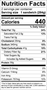 Avocado Tuna Salad Sandwich  Nutrition Facts Serving size 1 sandwich (284g) servings per container 2  Amount per serving Calories	440					  % Daily Value Total Fat	19	g			24	%	 Saturated Fat	2.5	g			13	%	 Trans Fat	0	g					 Cholesterol	25	mg			8	%	 Sodium	340	mg			15	%	 Total Carbohydrate	41	g			15	%	 Dietary Fiber	6	g			21	%	 Total Sugars	8	g					 Added Sugars	0	g			0	%	 Protein	30	g					  Vitamin D	0	mcg			0	%	 Calcium	114	mg			8	%	 Iron	4	mg			20	%	 Potassium	757	mg			15	%	
