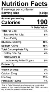 Savory Beef Sticky Buns  Nutrition Facts Serving size (124g) servings per container 8  Amount per serving Calories	190			  % Daily Value Total Fat	3.5	g	4	%	 Saturated Fat	1.5	g	8	%	 Trans Fat	0	g			 Cholesterol	30	mg	10	%	 Sodium	420	mg	18	%	 Total Carbohydrate	25	g	9	%	 Dietary Fiber	1	g	4	%	 Total Sugars	3	g			 Added Sugars	0	g	0	%	 Protein	15	g			  Vitamin D			0	%	 Calcium			4	%	 Iron			15	%	 Potassium			4	%	