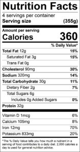 Skillet Chops and Rice Nutrition Facts Serving size (355g) servings per container 4 Amount per serving Calories 360 % Daily Value Total Fat 12 g 15 % Saturated Fat 3 g 15 % Trans Fat 0 g Cholesterol 90 mg 30 % Sodium 320 mg 14 % Total Carbohydrate 30 g 11 % Dietary Fiber 2 g 7 % Total Sugars 6 g Added Sugars 0 g 0 % Protein 32 g Vitamin D 1 mcg 6 % Calcium 105 mg 8 % Iron 12 mg 70 % Potassium 833 mg 20 % 