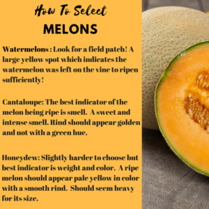 Watermelons : Look for a field patch! A large yellow spot which indicates the watermelon was left on the vine to ripen sufficiently! Cantaloupe: The best indicator of the melon being ripe is smell. A sweet and intense smell. Rind should appear golden and not with a green hue. Honeydew: Slightly harder to choose but best indicator is weight and color. A ripe melon should appear pale yellow in color with a smooth rind. Should seem heavy for its size.