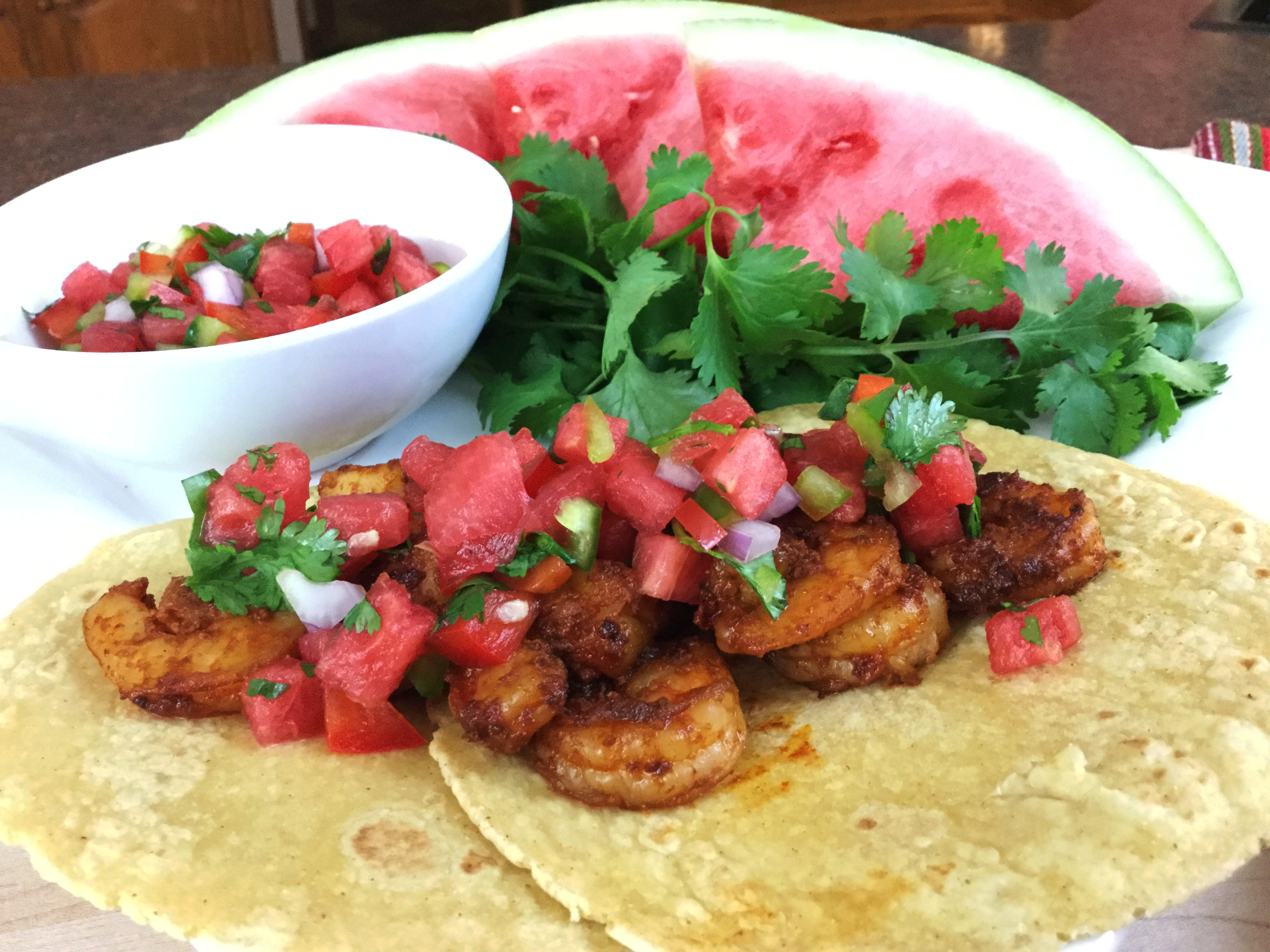 Shrimp Tacos with Southwest Watermelon Salsa