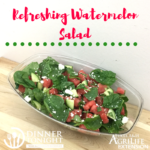Refreshing watermelon salad a recipe by Dinner Tonight. Salad presented in a glass bowl, spinach greens, pink watermelon, diced cucumber and feta cheese crumbles.
