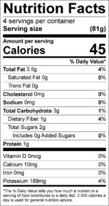 Grape Tomato and Cilantro Salad Nutrition Facts Serving size (81g) servings per container 4 Amount per serving Calories 45 % Daily Value Total Fat 3.5 g 4 % Saturated Fat 0 g 0 % Trans Fat 0 g Cholesterol 0 mg 0 % Sodium 0 mg 0 % Total Carbohydrate 3 g 1 % Dietary Fiber 1 g 4 % Total Sugars 2 g Added Sugars 0 g 0 % Protein 1 g Vitamin D 0 % Calcium 0 % Iron 0 % Potassium 4 % 