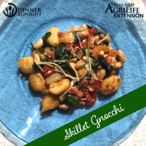 Skillet Gnocchi recipe plated on a blue glass plate