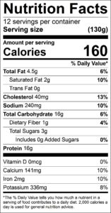 Deep Dish Pizza Casserole Nutrition Facts Serving size (130g) servings per container 12 Amount per serving Calories 160 % Daily Value Total Fat 4.5 g 6 % Saturated Fat 2 g 10 % Trans Fat 0 g Cholesterol 40 mg 13 % Sodium 240 mg 10 % Total Carbohydrate 16 g 6 % Dietary Fiber 1 g 4 % Total Sugars 3 g Added Sugars 0 g 0 % Protein 16 g Vitamin D 0 mcg 0 % Calcium 141 mg 10 % Iron 2 mg 10 % Potassium 336 mg 8 %