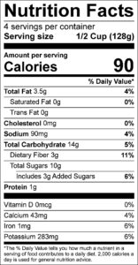 Balsamic Glazed Carrots Nutrition Facts Serving size 1/2 Cup (128g) servings per container 4 Amount per serving Calories 90 % Daily Value Total Fat 3.5 g 4 % Saturated Fat 0 g 0 % Trans Fat 0 g Cholesterol 0 mg 0 % Sodium 90 mg 4 % Total Carbohydrate 14 g 5 % Dietary Fiber 3 g 11 % Total Sugars 10 g Added Sugars 3 g 6 % Protein 1 g Vitamin D 0 mcg 0 % Calcium 43 mg 4 % Iron 1 mg 6 % Potassium 283 mg 6 %