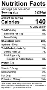 Beef Kabobs - AHA Nutrition Facts Serving size 5 (220g) servings per container Amount per serving Calories 140 % Daily Value Total Fat 4.5 g 6 % Saturated Fat 1.5 g 8 % Trans Fat 0 g Cholesterol 60 mg 20 % Sodium 180 mg 8 % Total Carbohydrate 5 g 2 % Dietary Fiber 2 g 7 % Total Sugars 3 g Added Sugars 0 g 0 % Protein 22 g Vitamin D 0 mcg 0 % Calcium 21 mg 2 % Iron 2 mg 10 % Potassium 685 mg 15 %