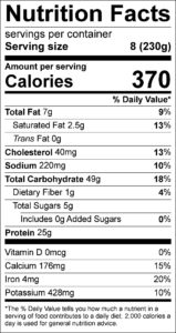 Beef Stuffed Pasta Nutrition Facts Serving size 8 (230g) servings per container Amount per serving Calories 370 % Daily Value Total Fat 7 g 9 % Saturated Fat 2.5 g 13 % Trans Fat 0 g Cholesterol 40 mg 13 % Sodium 220 mg 10 % Total Carbohydrate 49 g 18 % Dietary Fiber 1 g 4 % Total Sugars 5 g Added Sugars 0 g 0 % Protein 25 g Vitamin D 0 % Calcium 15 % Iron 20 % Potassium 10 %