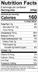 chili mac Nutrition Facts Serving size (246g) servings per container 6 Amount per serving Calories 160 % Daily Value Total Fat 3.5 g 4 % Saturated Fat 1.5 g 8 % Trans Fat 0 g Cholesterol 30 mg 10 % Sodium 370 mg 16 % Total Carbohydrate 18 g 7 % Dietary Fiber 3 g 11 % Total Sugars 3 g Added Sugars 0 g 0 % Protein 15 g Vitamin D 0 % Calcium 10 % Iron 10 % Potassium 10 %