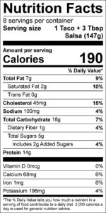 Turkey Tacos and Cranberry Salsa Nutrition Facts Serving size 1 Taco + 3 Tbsp Salsa (147g) servings per container 8 Amount per serving Calories 190 % Daily Value Total Fat 7 g 9 % Saturated Fat 2 g 10 % Trans Fat 0 g Cholesterol 45 mg 15 % Sodium 100 mg 4 % Total Carbohydrate 18 g 7 % Dietary Fiber 1 g 4 % Total Sugars 5 g Added Sugars 2 g 4 % Protein 14 g Vitamin D 0 mcg 0 % Calcium 68 mg 6 % Iron 1 mg 6 % Potassium 196 mg 4 %