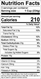 Easy Orange Stir Fry Nutrition Facts Serving size 1 Cup (234g) servings per container 3 Amount per serving Calories 210 % Daily Value Total Fat 9 g 12 % Saturated Fat 2.5 g 13 % Trans Fat 0 g Cholesterol 35 mg 12 % Sodium 350 mg 15 % Total Carbohydrate 23 g 8 % Dietary Fiber 2 g 7 % Total Sugars 5 g Added Sugars 0 g 0 % Protein 16 g Vitamin D 0 mcg 0 % Calcium 29 mg 2 % Iron 1 mg 6 % Potassium 393 mg 8 %