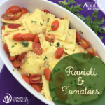 Ravioli & Tomato recipe plated on a white pasta serving bowl.