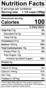 Watermelon Salad

Nutrition Facts
Serving size  1 1/2 cups (189g)
6

Amount per serving
Calories	100					

% Daily Value
Total Fat	2.5	g			3	%	
Saturated Fat	0	g			0	%	
Trans Fat	0	g					
Cholesterol	5	mg			2	%	
Sodium	350	mg			15	%	
Total Carbohydrate	16	g			6	%	
Dietary Fiber	1	g			4	%	
Total Sugars	12	g					
Added Sugars	5	g			10	%	
Protein	6	g					

Vitamin D	0	mcg			0	%	
Calcium	144	mg			10	%	
Iron	1	mg			6	%	
Potassium	297	mg			6	%	
