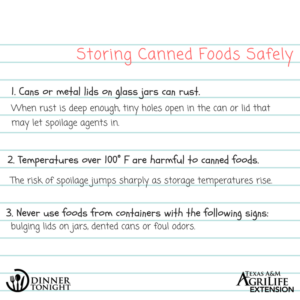 Cans or metal lids on glass jars can rust. When rust is deep enough, tiny holes open in the can or lid that may let spoilage agents in. Temperatures over 100° F are harmful to canned foods. The risk of spoilage jumps sharply as storage temperatures rise. Never use foods from containers with the following signs: bulging lids on jars, dented cans or foul odors.