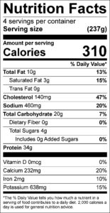 Chicken Parmesan Nutrition Facts Serving size (237g) servings per container 4 Amount per serving Calories 310 % Daily Value Total Fat 10 g 13 % Saturated Fat 3 g 15 % Trans Fat 0 g Cholesterol 140 mg 47 % Sodium 460 mg 20 % Total Carbohydrate 20 g 7 % Dietary Fiber 0 g 0 % Total Sugars 4 g Added Sugars 0 g 0 % Protein 34 g Vitamin D 0 mcg 0 % Calcium 232 mg 20 % Iron 2 mg 10 % Potassium 638 mg 15 %