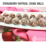 Strawberry oatmeal cookie balls recipe lined up and plated with a side of fresh strawberries.