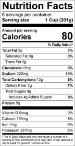 Strawberry Cucumber Salad Nutrition Facts Serving size 1 Cup (201g) servings per container 8 Amount per serving Calories 80 % Daily Value Total Fat 2 g 3 % Saturated Fat 0 g 0 % Trans Fat 0 g Cholesterol 0 mg 0 % Sodium 220 mg 10 % Total Carbohydrate 13 g 5 % Dietary Fiber 2 g 7 % Total Sugars 9 g Added Sugars 4 g 8 % Protein 5 g Vitamin D 0 mcg 0 % Calcium 104 mg 8 % Iron 1 mg 6 % Potassium 257 mg 6 %