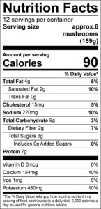 Spinach Stuffed Mushrooms Nutrition Facts Serving size approx.6 mushrooms (159g) servings per container 12 Amount per serving Calories 90 % Daily Value Total Fat 4 g 5 % Saturated Fat 2 g 10 % Trans Fat 0 g Cholesterol 15 mg 5 % Sodium 220 mg 10 % Total Carbohydrate 9 g 3 % Dietary Fiber 2 g 7 % Total Sugars 3 g Added Sugars 0 g 0 % Protein 7 g Vitamin D 0 mcg 0 % Calcium 154 mg 10 % Iron 1 mg 6 % Potassium 480 mg 10 %