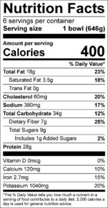 Mediterranean Chicken Bowls

Nutrition Facts
Serving size 1 bowl (646g)
6

Amount per serving
Calories	400					

% Daily Value
Total Fat	18	g			23	%	
Saturated Fat	3.5	g			18	%	
Trans Fat	0	g					
Cholesterol	60	mg			20	%	
Sodium	380	mg			17	%	
Total Carbohydrate	34	g			12	%	
Dietary Fiber	7	g			25	%	
Total Sugars	9	g					
Added Sugars	1	g			2	%	
Protein	28	g					

Vitamin D	0	mcg			0	%	
Calcium	120	mg			10	%	
Iron	2.7	mg			15	%	
Potassium	1040	mg			20	%	