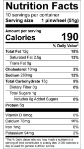 Jalapeno Popper Pastry Pinwheel Nutrition Facts Serving size 1 pinwheel (51g) servings per container 10 Amount per serving Calories 190 % Daily Value Total Fat 12 g 15 % Saturated Fat 2.5 g 13 % Trans Fat 0 g Cholesterol 10 mg 3 % Sodium 280 mg 12 % Total Carbohydrate 13 g 5 % Dietary Fiber 0 g 0 % Total Sugars 1 g Added Sugars 0 g 0 % Protein 6 g Vitamin D 0 mcg 0 % Calcium 78 mg 6 % Iron 1 mg 6 % Potassium 94 mg 2 % 