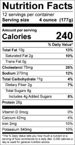 Fruit and Walnut stuffed Pork Loin

Nutrition Facts
Serving size 4 ounce  (177g)
servings per container 12

Amount per serving
Calories	240					

% Daily Value
Total Fat	10	g			13	%	
Saturated Fat	2	g			10	%	
Trans Fat	0	g					
Cholesterol	75	mg			25	%	
Sodium	270	mg			12	%	
Total Carbohydrate	11	g			4	%	
Dietary Fiber	2	g			7	%	
Total Sugars	8	g					
Added Sugars	4	g			8	%	
Protein	26	g					

Vitamin D	0	mcg			0	%	
Calcium	42	mg			4	%	
Iron	2	mg			10	%	
Potassium	540	mg			10	%	
